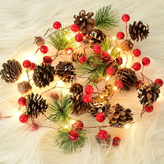 2Pack 6.5FT Christmas Garland with 20 LED Lights Red Berry Pine Cone Garland Winter Holiday Thanksgiving Decorations,Lights Battery Operated