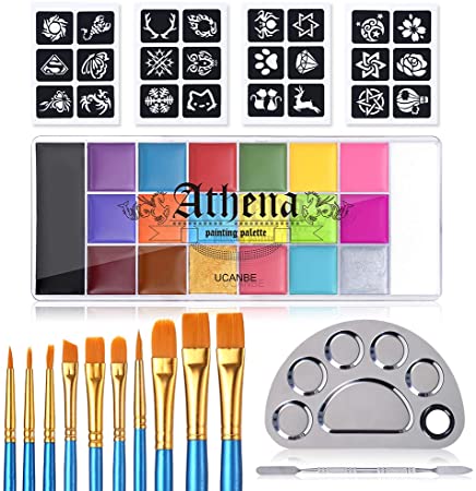 UCANBE Face Body Paint All-in-1 Set - Athena 20 Colors Face Painting Palette, 10 Professional Artist Brushes, 24 Stencils & Stainless Painting Mixing Palette