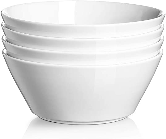 DOWAN Soup Bowls Set of 4, 32 Oz Large Porcelain Cereal Bowls, Cone Shape Small Salad Bowls, Portion Bowls for Ramen, Dishwasher & Microwave Safe, White