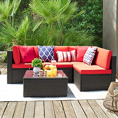 Flamaker 5 Pieces Patio Furniture Set Outdoor Sectional Sofa Patio Sofa Set Conversation Set with Cushion and Table