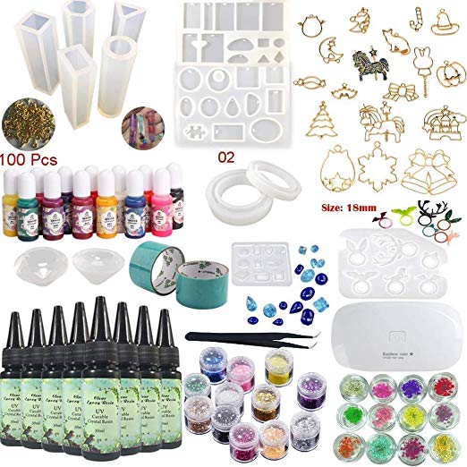 Epoxy Resin UV Glue Kit Crystal Clear Transparent with Lamp Tweezers 36 Decorations 13 Silicone Moulds 13 Colour Liquid Pigments 17 Bezels for Pendants   2 Tapes 100 Eyelets for Jewellery Making