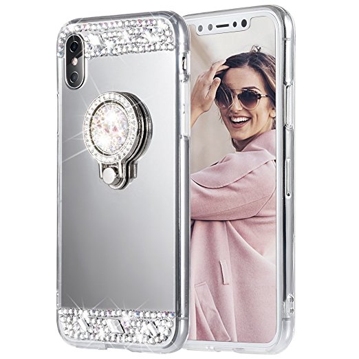 iPhone X Case, Caka iPhone X Glitter Case [Rhinestone Series] Luxury Cute Shiny Bling Mirror Makeup Case for Girls with Ring Kickstand Diamond Crystal Protective TPU Case for iPhone 10 - (Silver)