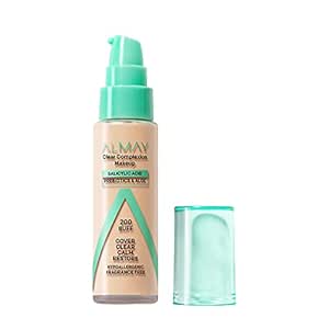 Almay Clear Complexion Acne Foundation Makeup with Salicylic Acid - Lightweight, Medium Coverage, Hypoallergenic, -Fragrance Free, for Sensitive Skin , 200 Buff, 1 fl oz.