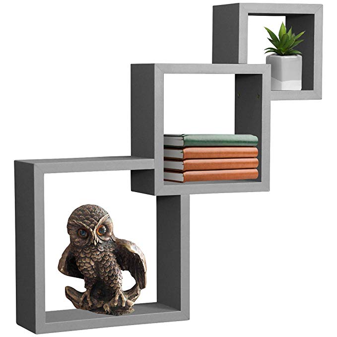 Sorbus Floating Shelf Square Interlocking Cubes with 3 Openings — Decorative Wall Shelves Hanging Display for Photo Frames, Collectibles, and Home Décor (Interlocking 3-Tier Cube – Grey)