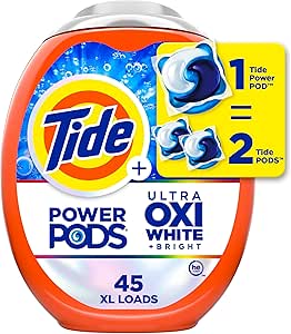 Tide Power PODS Plus Ultra OXI White and Bright Laundry Detergent, 45 Count, Advanced Stain Removal and Whitening Power