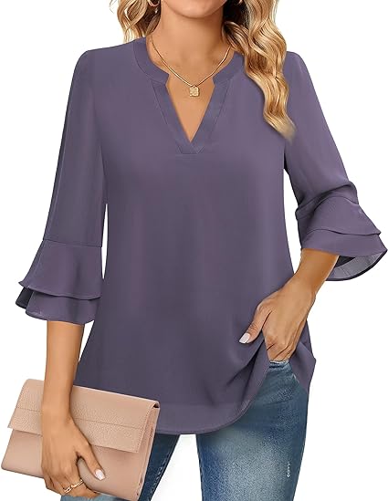 Lotusmile Womens Tops Dressy Casual 3/4 Tiered Bell Sleeve Blouses Double Layered Chiffon Work Tunic Shirts