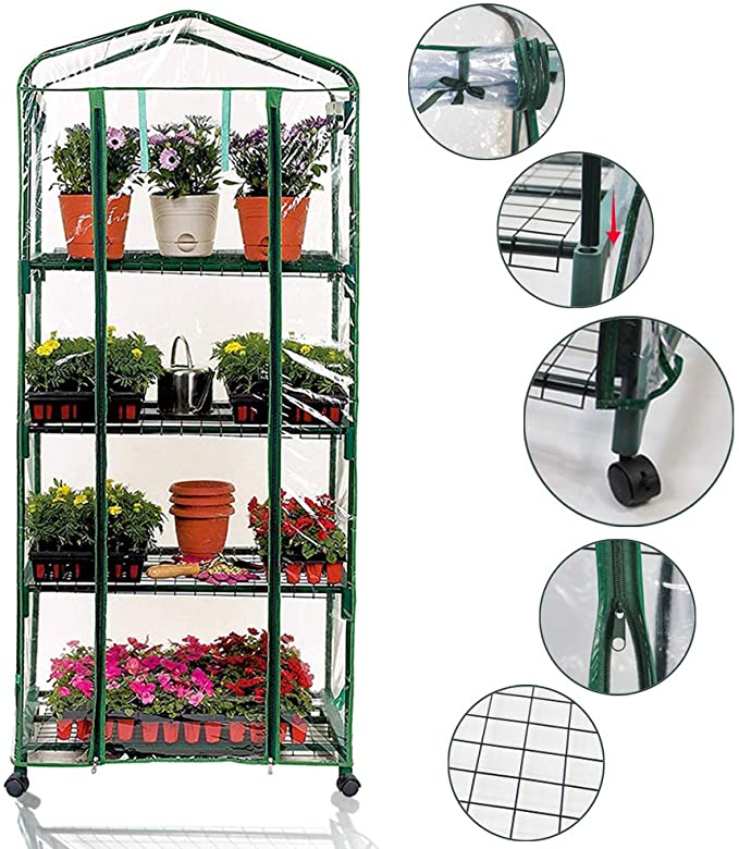 Homes Garden Updated Portable 4-Tier Mini Greenhouse with Removable Wheels Clear PVC Cover Indoor and Outdoor Greenhouse Double Zipper Roll Up Front 27 in. L x 19 in. W x 63 in. H #G-G303A01