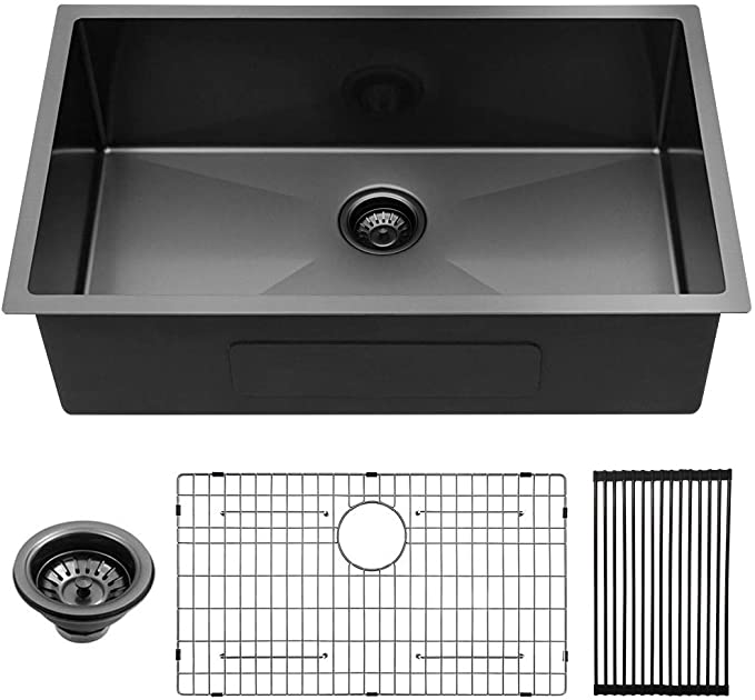 Lordear 28 inch Kitchen Sink Undermount Gunmetal Matte Black 16 Gauge Deep Single Bowl Stainless Steel Undermount Sink Basin