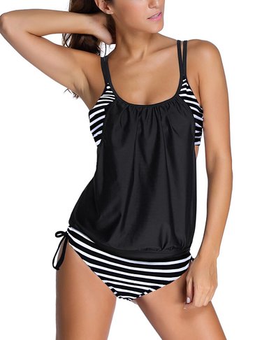 NuoReel Womens Stripes Lined Up Double Up Tankini Top Swimwear(FBA)