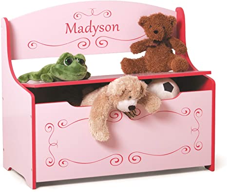 Personalized Kids Toy Box We Will Customize With Your Child's Name. Inscribed Toys Storage & Bench Seat For Kids Bedroom or Playroom (Pink)
