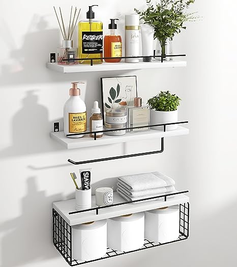 Mefirt Floating Shelves, 3 2 Tier Bathroom Shelves with Paper Towel Holder & Towel Bar, Wood Wall Décor Shelves Over Toilet with Wire Storage Basket & Guardrail, Farmhouse Floating Shelf - White