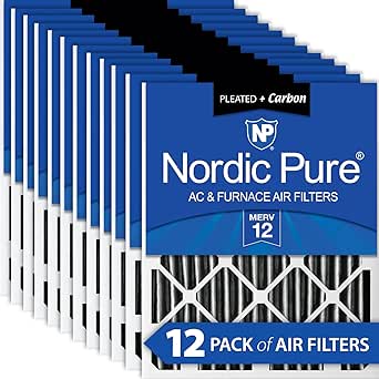 Nordic Pure 16x25x2 (15 1/2 x 24 1/2 x 1 3/4) Furnace Air Filters MERV 12 Pleated Plus Carbon 12 Pack