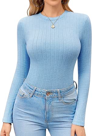 Ekouaer Womens Long Sleeve Ribbed Shirts Trendy Slim Fitted Tops Thermal Under Scrub Crew Neck Soft Fleece Basic Layer