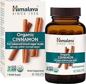 Himalaya Organic Cinnamon, for Glycemic Support, 1100 mg Daily, 60 Tablets, from Cassia Cinnamon Bark and Ceylon Cinnamon Extract, Non-GMO Project Verified, Vegan, Gluten Free Herbal Supplement