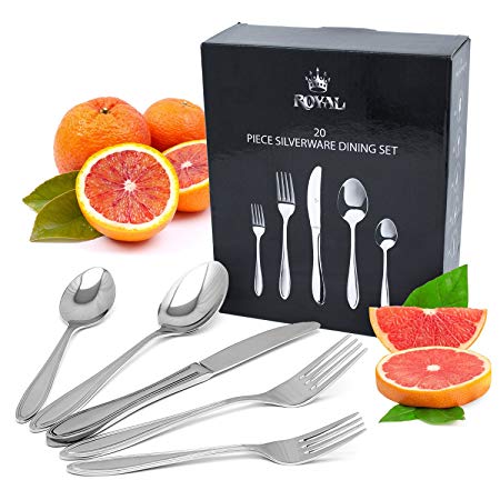 Royal 20-Piece Silverware Set - 18/10 Stainless Steel Utensils Forks Spoons Knives Set, Mirror Polished Cutlery Flatware Set