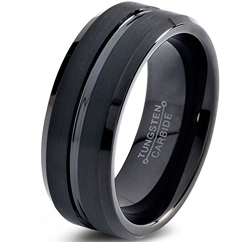 Tungsten Wedding Band Ring 8mm for Men Women Comfort Fit Black Beveled Edge Brushed FREE Custom Laser Engraving Lifetime Guarantee