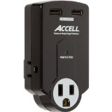 Accell D080B-011K Travel Surge Protector with 612 Joules Dual USB Charging 3 Outlets Folding Plug - Black