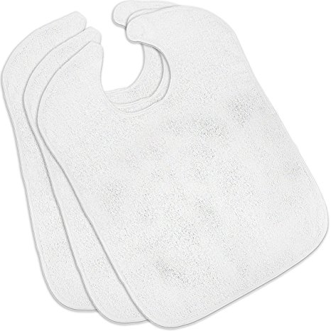 Cotton Terry Adult Bib (3-Pack, White, 18x30 inches) - Reusable - Machine Washable Patient Bibs - by Utopia Towels