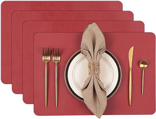 SHACOS Red Faux Leather Placemats Set of 4 Heat Resistant Table Mats Wipeable Place Mats Water Repellent Washable Placemats for Dining Table Festival Party