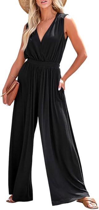 Dokotoo Sleeveless Jumpsuit Wrapped V Neck Elegant for Womens Dressy Casual 2024 One Piece Romper Outfits