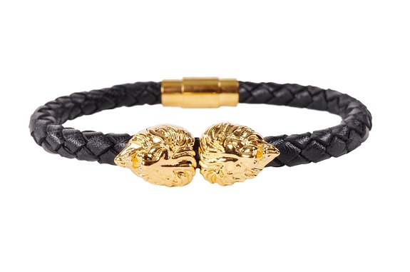Men's Fashion Dual Gold Lion Head Premium Leather Bracelet (Black)