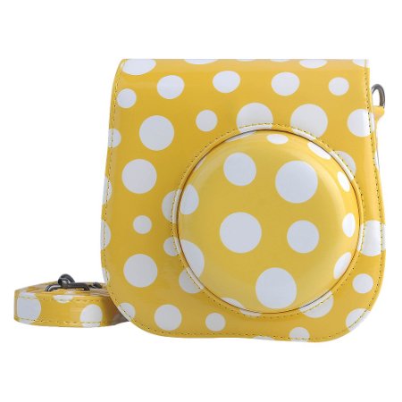 Mini 8 case, Katia PU Leather Camera Case with Shoulder Strap and Pocket for Fujifilm Instax Mini 8 Camera - Yellow/white dots