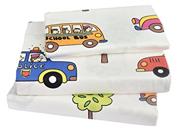 Kids Boy Girl Cartoon School Bus Police car Fire engines, 100% Cotton 210 Thread Count 3-Pieces Twin Bedding Set, Flat Sheet + Fitted Sheet + Pillowcase (1)