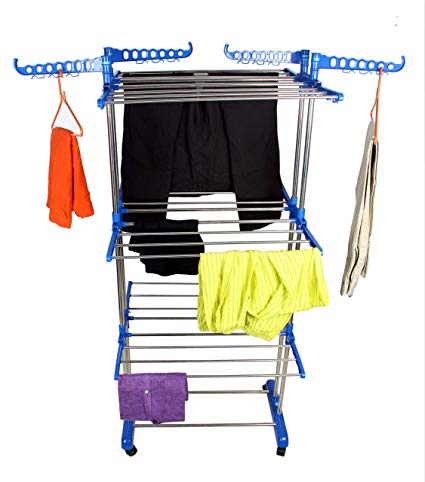 SUNDEX Double Pole Stainless Steel 3 Tier Cloth Drying Rack Stand-Size: (75-126) x 64 x 170 cm