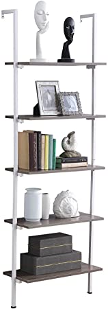 Ladder Shelf, Ohuhu 5 Tier Industrial Open Bookshelf, Wood Wall Mount Bookcase with Metal Frame, 72 Inches Storage Shelves Plant Flower Stand, Utensil Storage for Office Livingroom Bedroom Kitchen