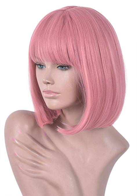 Annivia Pastel Pink Bob Short Wig for Women 12" Heat Resistant Synthetic Straight Wigs with Bangs Halloween Cosplay Party Wig Natural As Real Hair (Pastel Pink)