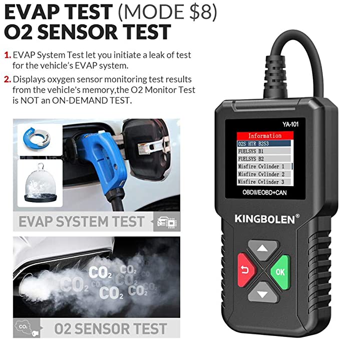 KINGBOLEN OBD2 Scanner YA101 Code Reader,Universal Automotive Engine Light Check Scan Tool Checks O2 Sensor and EVAP Systems with Full OBD2 Functions, Supports Mode6 with DTC Lookup