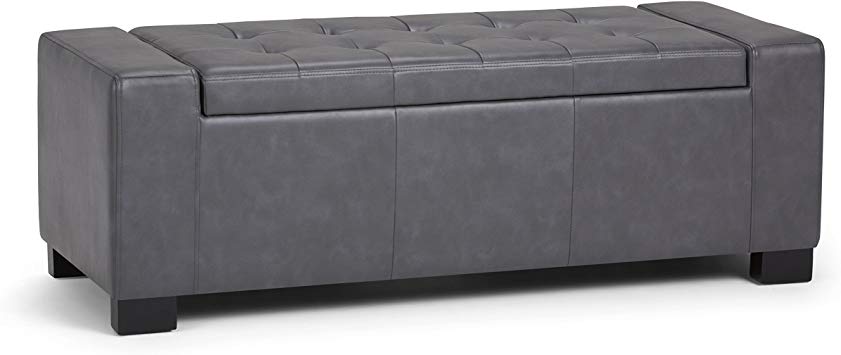 Simpli Home Laredo 51 inch Wide Contemporary Storage Ottoman in Stone Grey Faux Leather