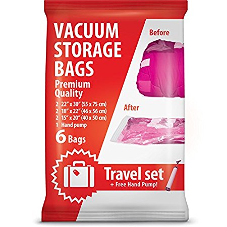 Vacuum Storage Bags for Traveling - 6 Reusable Packing Bags for Clothes   Hand Pump - Save Space in Large, Medium, Small Suitcases, and Backpacks with Ziploc Compression Sacks for Carry-On Luggage