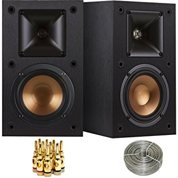 Klipsch R-14M Reference Bookshelf Monitor Speakers Bundle includes Speaker Pair (2 Speakers), 100ft of Select Series 16AWG Speaker Wire and 5-Pair Brass Speaker Banana Plugs Open Screw Type