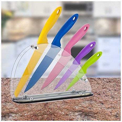 Chef's Star (5 Piece) Kitchen Knife Utility Set, Colored Coated Stainless Steel Blade and Handles, Includes Chef Knife, Bread Knife, Carving Knife, Paring Knife, Utility Knife and Acrylic Knife Block