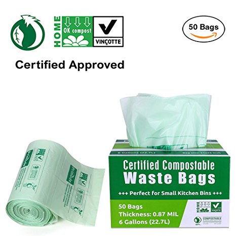 Primode 100% Compostable Bags 6 Gallon Food Scraps Yard Waste Bags, Extra Thick 0.87 Mil. ASTMD6400 Biodegradable Compost Bags Small Kitchen Trash Bags, Certified By BPI And VINCETTE, (50)