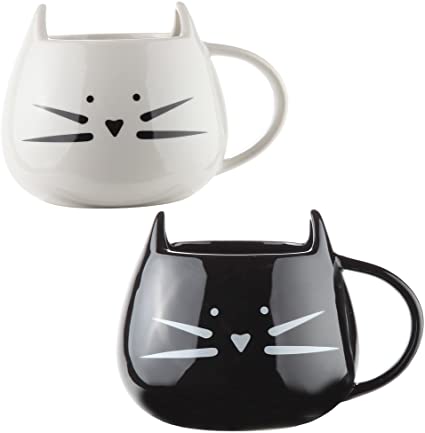 Home-X - Set of 2 Ceramic Cat Coffee and Tea Mugs, The Perfectly Fun Kitchenware Gift for All Cat Lovers for Any Occasion at Any Meal (1 Black and 1 White Mug)