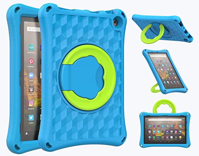 MoKo Case Fits All-New Kindle Fire HD 10 & 10 Plus Tablet (11th Generation, 2021 Release) 10.1", Lightweight EVA Kids Friendly Shockproof 360 Rotating Grip Handle Folding Stand Cover for Kids, Blue