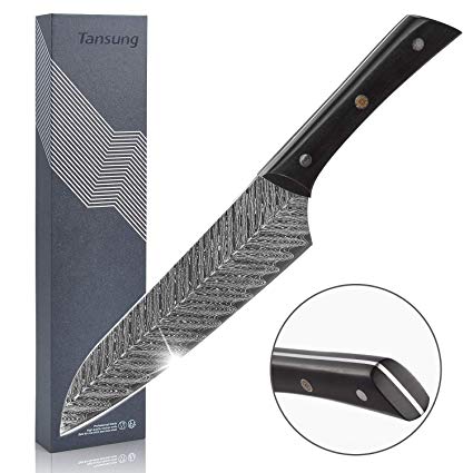TANSUNG Kitchen Knife 7 Inch, 2mm Thickness Multifunctional Cooking Knife with Damascus Steel Material, 58 HR High Carbon Stainless Steel Chef Knife with Ebony Handle