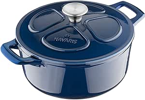 Navaris Enameled Dutch Oven - 3.7 QT Cast Iron Pot with Lid - 9 1/2" Round Enamel Cookware - Induction Cooktop Safe - Glossy Dark Blue