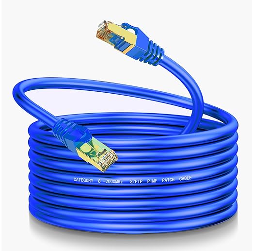 Cat8 Ethernet Cable 200Ft S/FTP Outdoor&Indoor Heavy Duty High Speed Cat8 LAN Network Cable Round 40Gbps 2000Mhz Blue