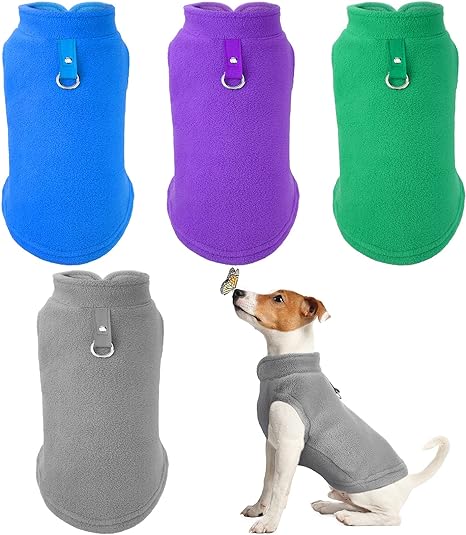 SATINIOR 4 Pieces Dog Fleece Vest Dog Cold Weather Pullover Dog Cozy Jacket Winter Dog Clothes Pet Sweater Vest with Leash Ring for Small Dogs (Gray, Green, Purple, Blue, M)