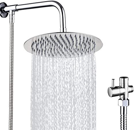 Drenky® Wall Mount 20cm Round Rainfall Shower Head with 40cm Length Shower Arm, 150cm Shower Hose and 3-Way Diverter Valve, Stainless Steel Chrome Finished Style