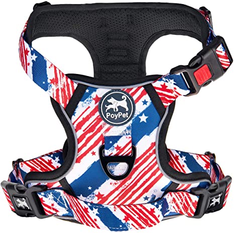 PoyPet No Pull Dog Harness, [Release on Neck] Reflective Adjustable No Choke Pet Vest with Front & Back 2 Leash Attachments, Soft Control Training Handle for Small Medium Large Dogs(USA Flag,S)