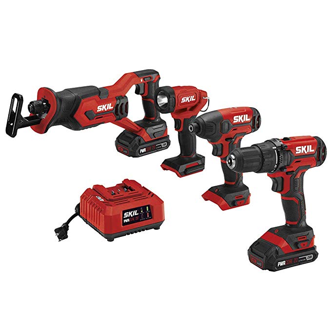 SKIL 4-Tool Combo Kit: 20V Cordless Drill Driver, Impact Driver, Reciprocating Saw and LED Spotlight, Includes Two 2.0Ah Lithium Batteries and One Charger - CB739601