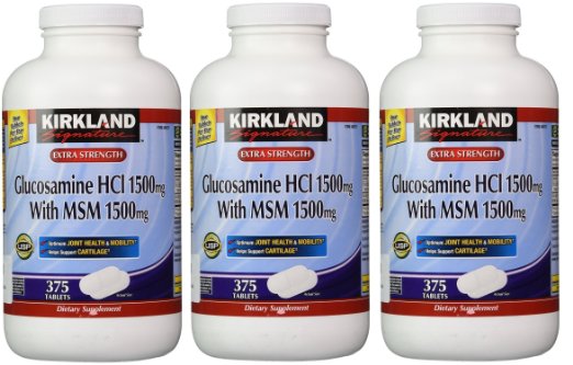 Kirkland Signature Extra Strength Glucosamine HCI 1500mg, With MSM 1500 mg, 375-Count Tablets , Pack of 3
