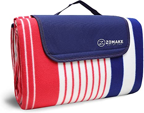 ZOMAKE Picnic Blanket Waterproof Extra Large, Outdoor Blanket Rug with Waterproof Backing for Family Concerts,Beach,Park（Red & Blue Stripes 200 * 200cm）