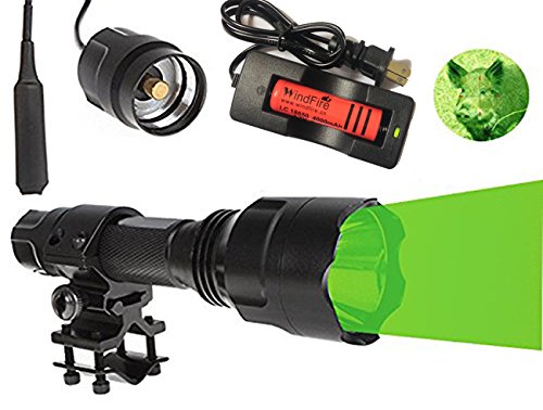 WindFire® [A Complete Set] WF-C8 300 Lumens Tactical Flashlight 150 Yard Green LED Coyote Hog Hunting Light Tactical Flashlight Torch with Pressure Switch & Barrel Mount 18650 Rechargeable battery and Charger for Hunting Fishing