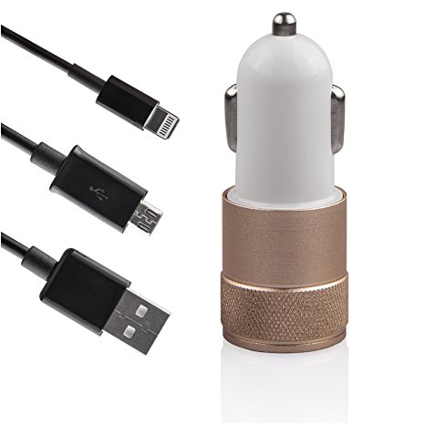 Complete Universal Car Charging Kit: 2 Port USB Car Charger in Gold, iPhone Cable 3FT Cable and micro-USB/Andriod 3FT Cable – 2.1V and 1.0A Ports - 7 6S Plus 6 Plus 6 5SE 5S 5 5C 4S Galaxy S7 S6