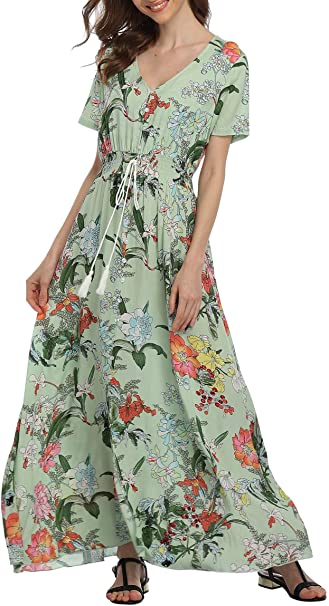 VintageClothing Women's Floral Maxi Dresses Boho Button Up Split Beach Party Dress